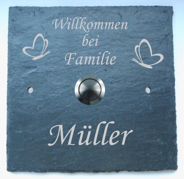 graviertes Klingel- & Namenschild aus Schiefer mit Klingeltaster (Quadrat L)