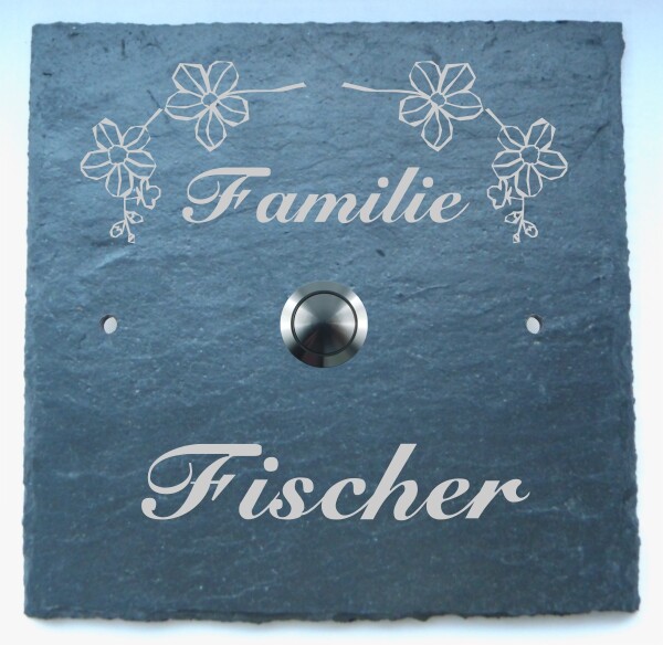 graviertes Klingel- & Namenschild aus Schiefer mit Klingeltaster (Quadrat XL)